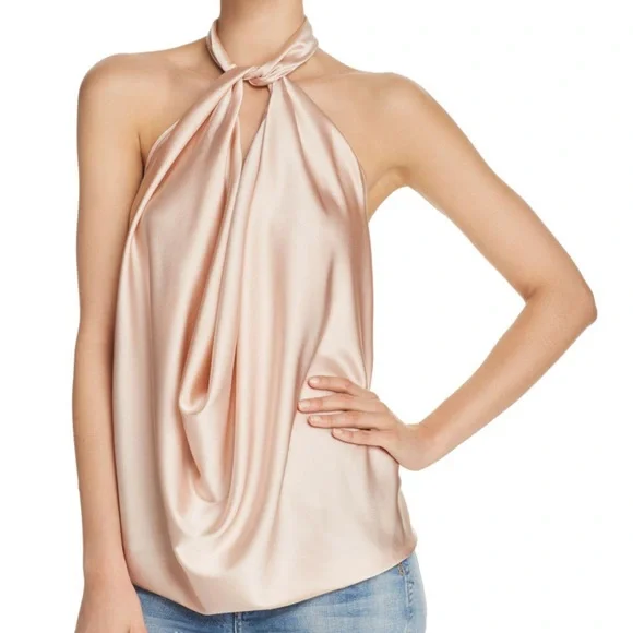 Ramy Brook || Harriet Convertible Silk Charmeuse Top Blush L Halter One Shoulder - Picture 9 of 9